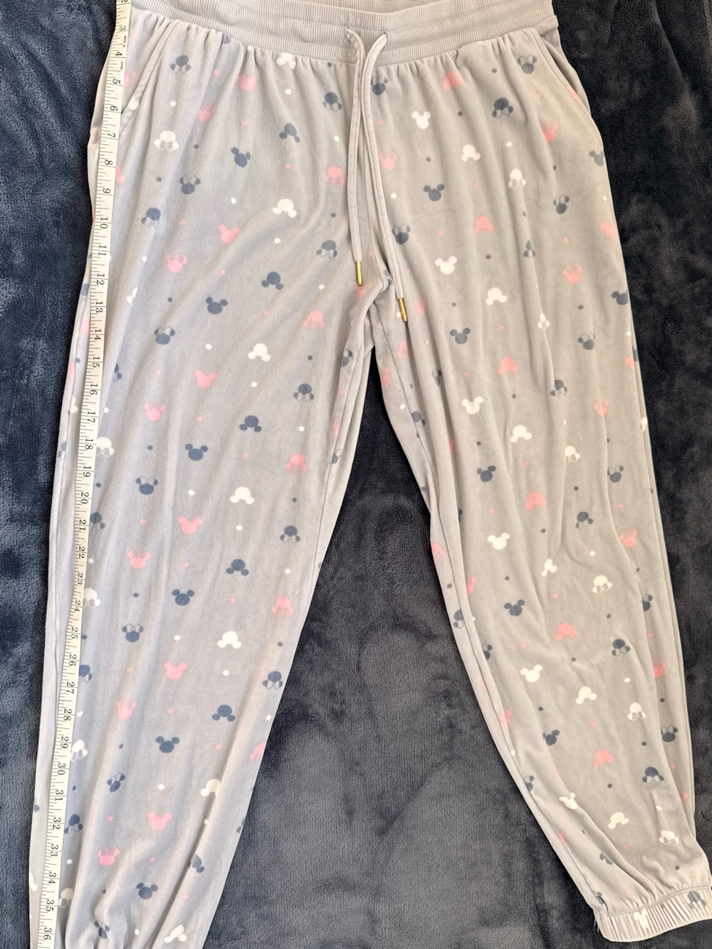 Women’s Disney Light Gray Fleece Pajama Set with Navy, White & Pink Mouse Motifs - Picture 10 of 12
